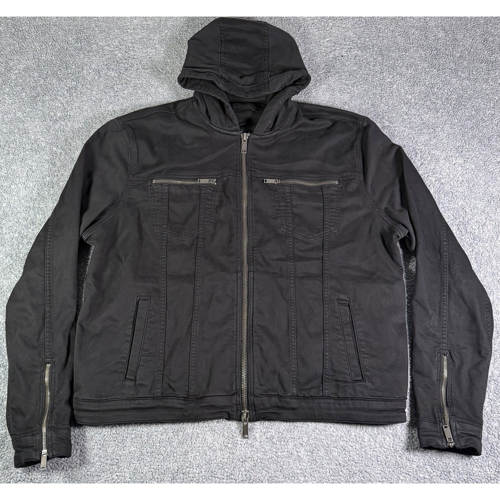 John Varvatos USA Jacket Men XXL Black Scott Denim Cotton Stretch Hooded Trucker